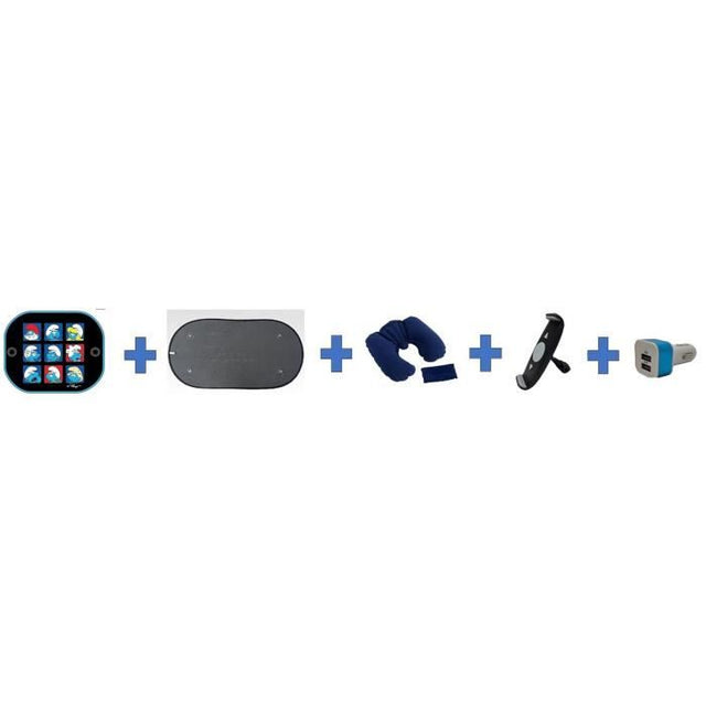 Pack  DEPART EN VACANCES HTC EQUIPEMENTS 5 pcs comprend: 2 pare soleil- support tablette - coussin cale nuque- prise allume cigare