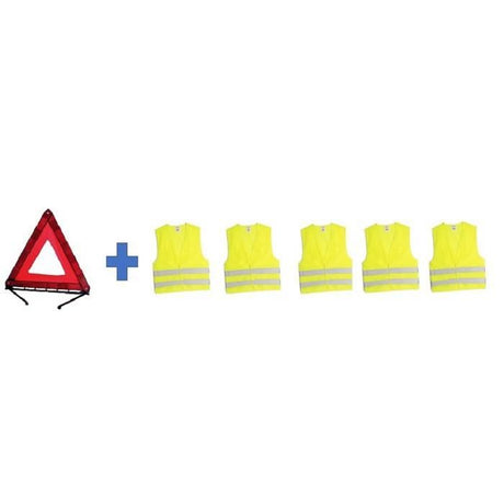 Pack sécurité HTC EQUIPEMENTS- 1 triangle de signalisation 550grs + 5 gilets de sécurité jaune taille XL  2 bandes réfléchissantes