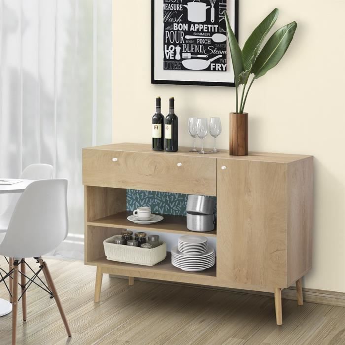 Buffet 1 portes 1 tiroir - DÈcor chene et vert - Pieds en bois massif - L 123 x P 40 xH 85 cm - GARDENIA