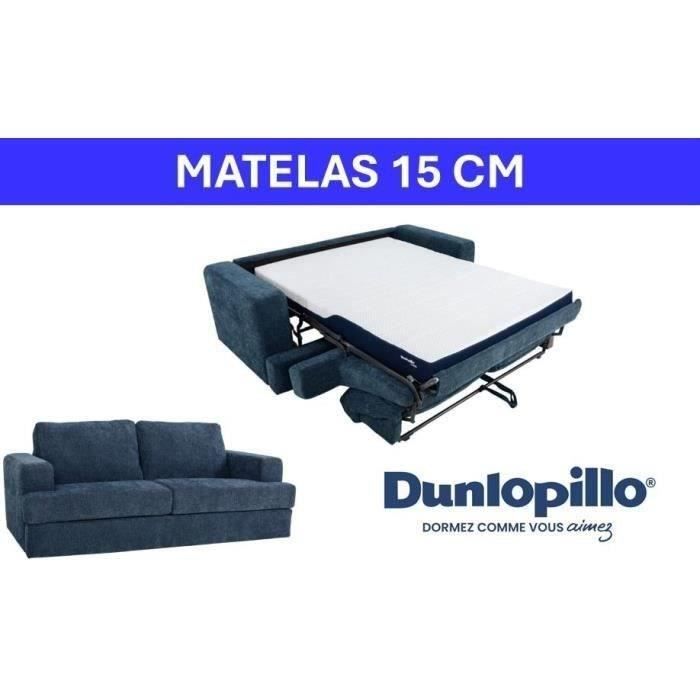 Canapé convertible express - 3 places - IGOR - Tissu gauffré - Saphir - Matelas 15 cm - 211 x 107 x 90 cm - DUNLOPILLO