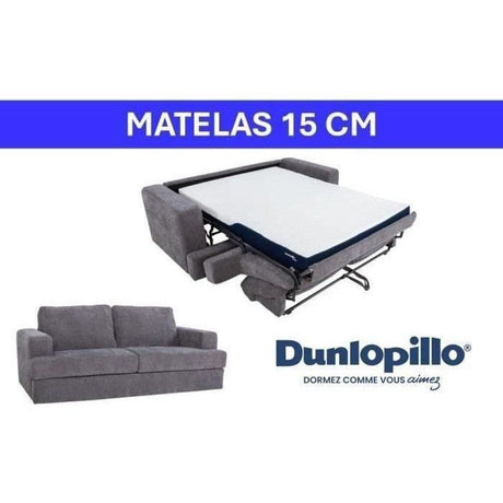 Canapé convertible express - 3 places - IGOR - Tissu gauffré - Gris souris - Matelas 15 cm - 211 x 107 x 90 cm - DUNLOPILLO