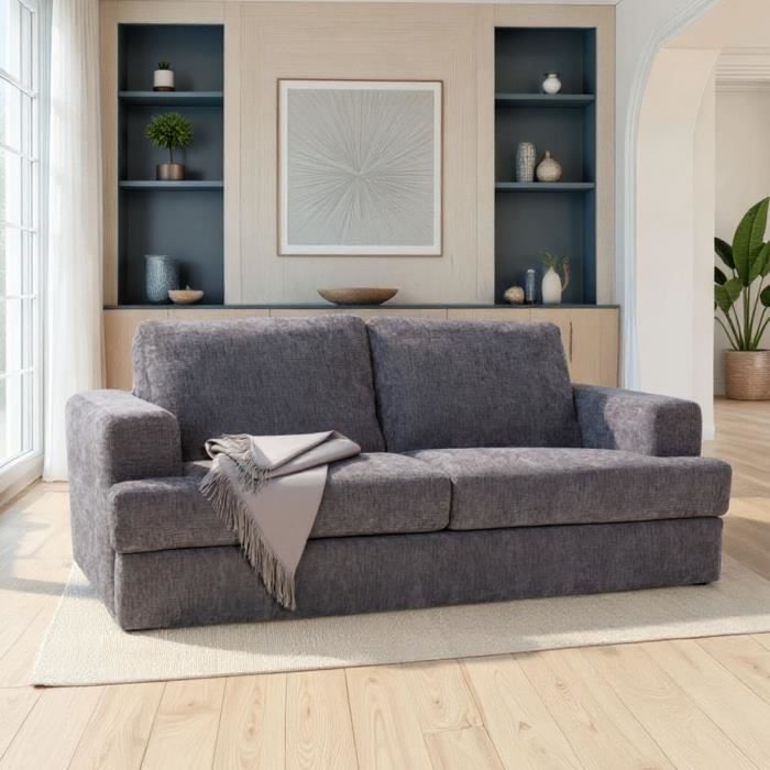 Canapé convertible express - 3 places - IGOR - Tissu gauffré - Gris souris - Matelas 15 cm - 211 x 107 x 90 cm - DUNLOPILLO