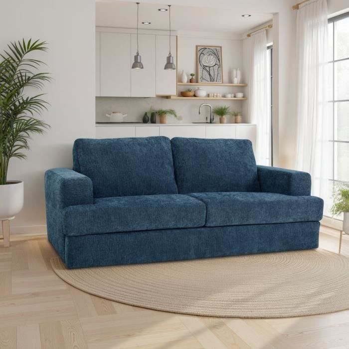 Canapé convertible express - 3 places - IGOR - Tissu gauffré - Saphir - Matelas 15 cm - 231 x 107 x 90 cm