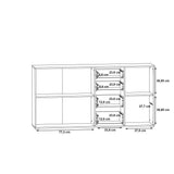 Buffet IKOLI - 3 portes, 4 tiroirs - Décor chene Sonoma et blanc - L159,3 x P31,4 x H81,7 cm - Poignées en plastique
