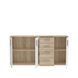Buffet IKOLI - 3 portes, 4 tiroirs - Décor chene Sonoma et blanc - L159,3 x P31,4 x H81,7 cm - Poignées en plastique