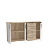 Buffet IKOLI - 3 portes, 4 tiroirs - Décor chene Sonoma et blanc - L159,3 x P31,4 x H81,7 cm - Poignées en plastique