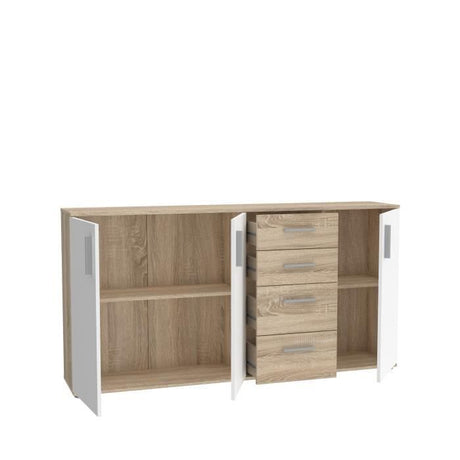 Buffet IKOLI - 3 portes, 4 tiroirs - Décor chene Sonoma et blanc - L159,3 x P31,4 x H81,7 cm - Poignées en plastique