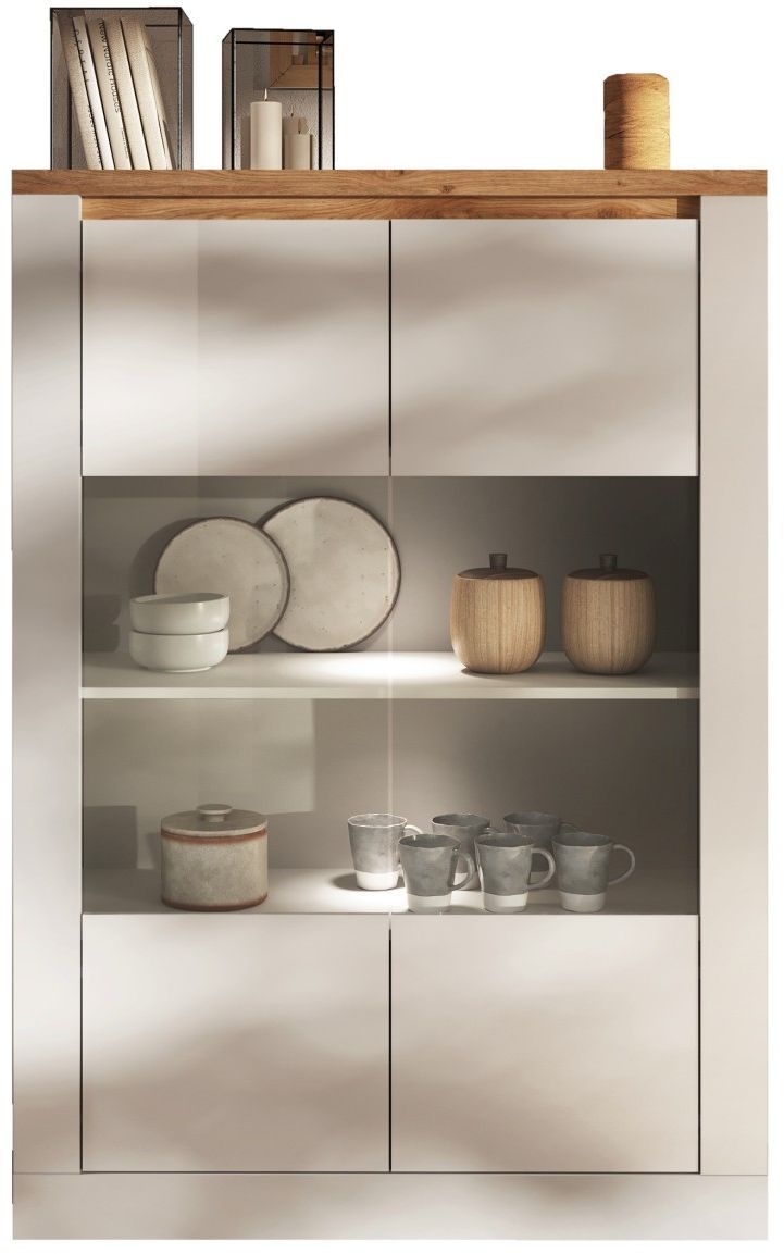 Vitrine - IMOLA - Blanc laqué / Plateau chene cadiz - 2 Portes - Fabrication Italienne - 114 x 43 x 160 cm