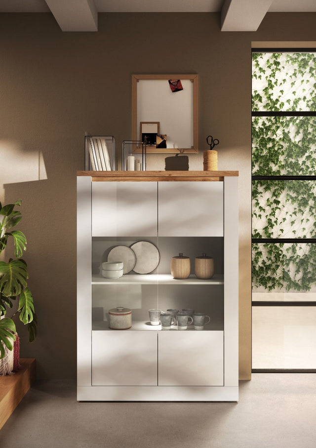 Vitrine - IMOLA - Blanc Laqué & Plateau Chene Cadiz - 2 Portes - 114 x 43 x 160 cm