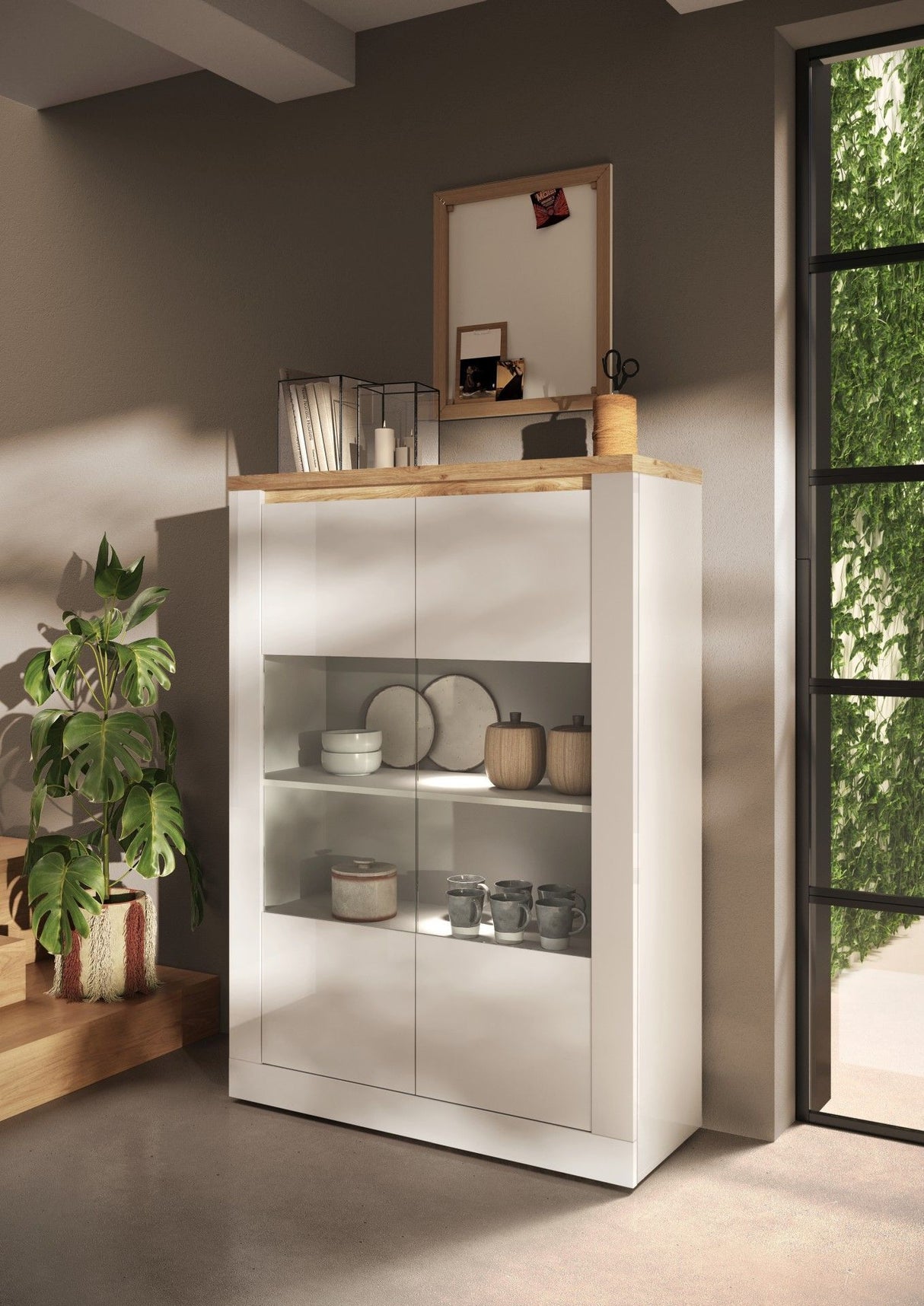 Vitrine - IMOLA - Blanc laqué / Plateau chene cadiz - 2 Portes - Fabrication Italienne - 114 x 43 x 160 cm