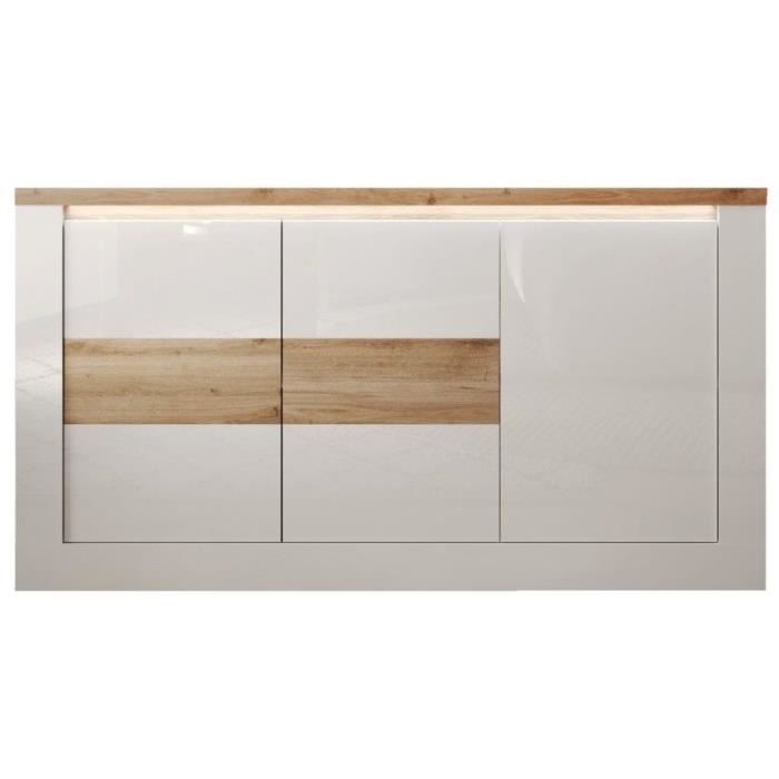 Buffet - IMOLA - Blanc laqué brillant / Chene Clair - 3 portes - 160 x 43 x 88 cm - Eclairage LED