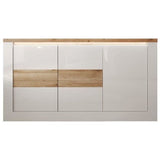 Buffet - IMOLA - Blanc laqué brillant / Chene Clair - 3 portes - 160 x 43 x 88 cm - Eclairage LED