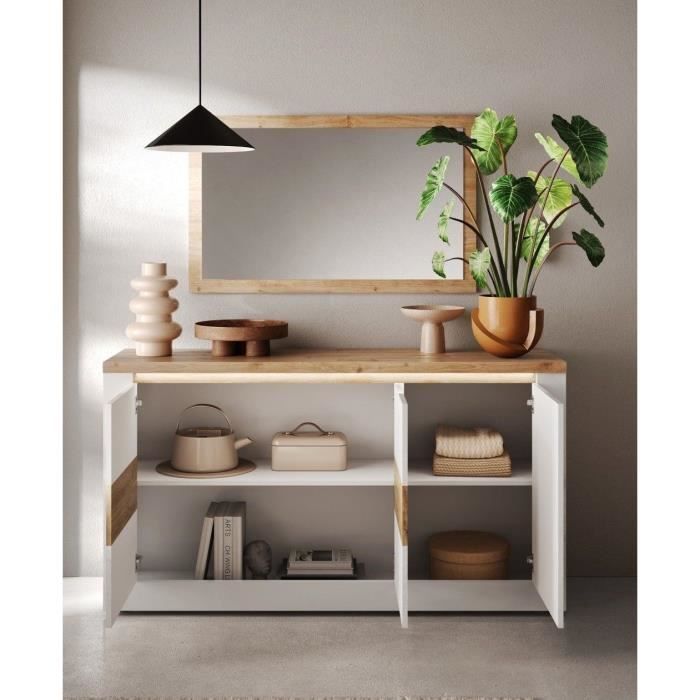 Buffet - IMOLA - Blanc laqué brillant / Chene Clair - 3 portes - 160 x 43 x 88 cm - Eclairage LED