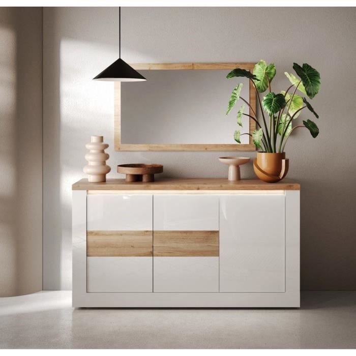 Buffet - IMOLA - Blanc laqué brillant / Chene Clair - 3 portes - 160 x 43 x 88 cm - Eclairage LED