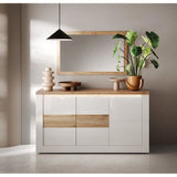 Buffet - IMOLA - Blanc laqué brillant / Chene Clair - 3 portes - 160 x 43 x 88 cm - Eclairage LED