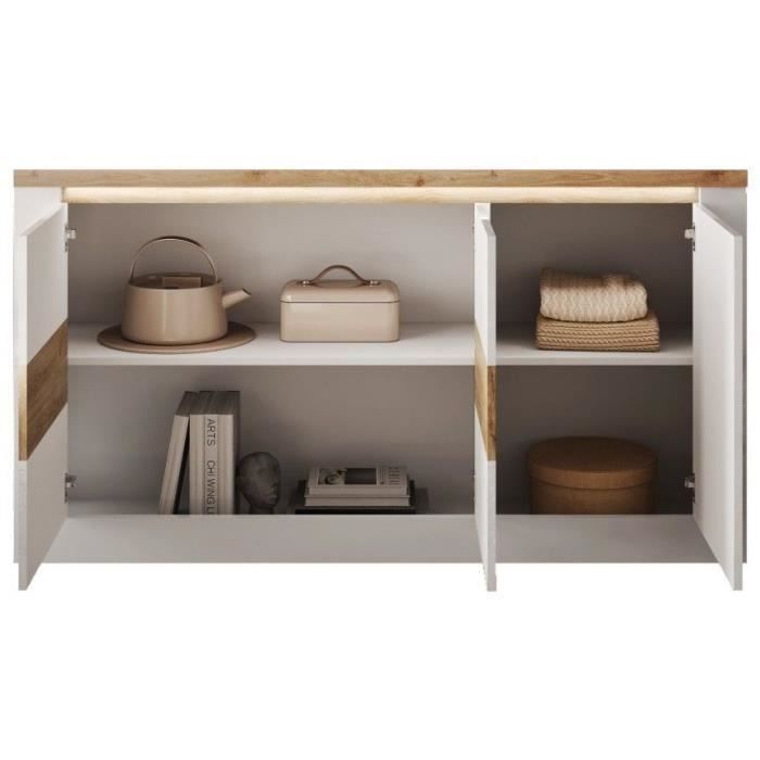 Buffet - IMOLA - Blanc laqué brillant / Chene Clair - 3 portes - 160 x 43 x 88 cm - Eclairage LED