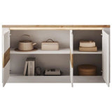 Buffet - IMOLA - Blanc laqué brillant / Chene Clair - 3 portes - 160 x 43 x 88 cm - Eclairage LED