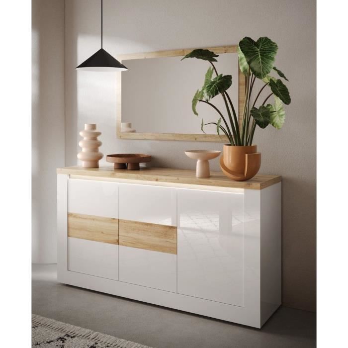 Buffet - IMOLA - Blanc laqué brillant / Chene Clair - 3 portes - 160 x 43 x 88 cm - Eclairage LED