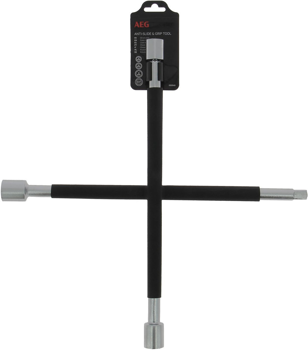 Clé en croix démonte-roue 3 douilles : 17/19/21mm et carré 1/2 - AEG - mousse antiglisse - Acier inoxydable HQ