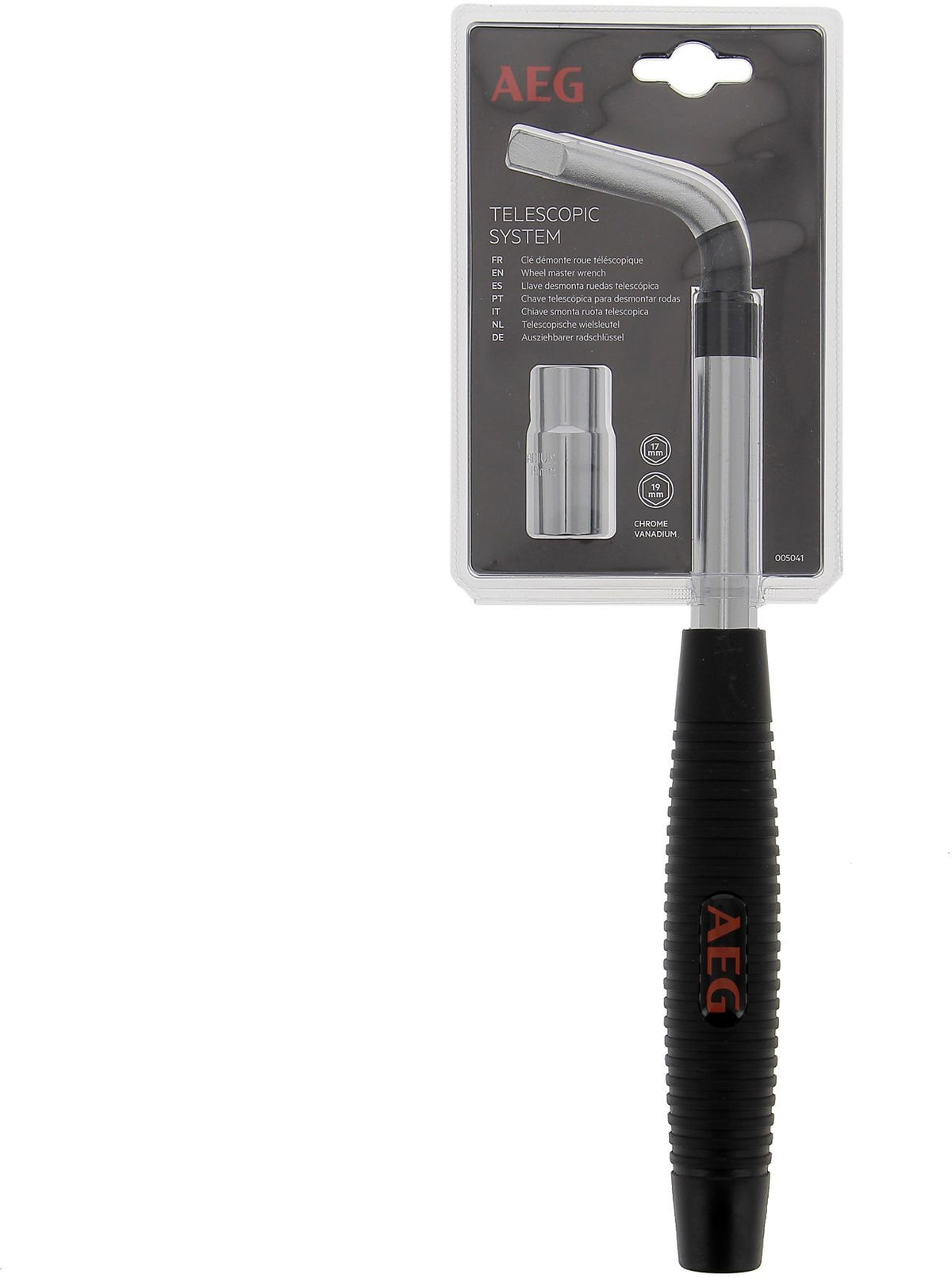 Clé démonte-roue téléscopique douille encliquable réversible 17-19mm - AEG - Longeur repliée : 36cm Longueur déployée : 54,5cm
