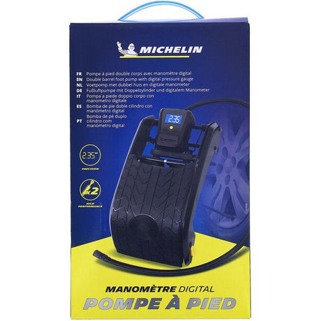 Pompe a Pied Double Piston manometre digital de 0.05 jusqu'a 7 bars- MICHELIN - Flexible nylon 60cm, embout laiton - psi, bar, kpa
