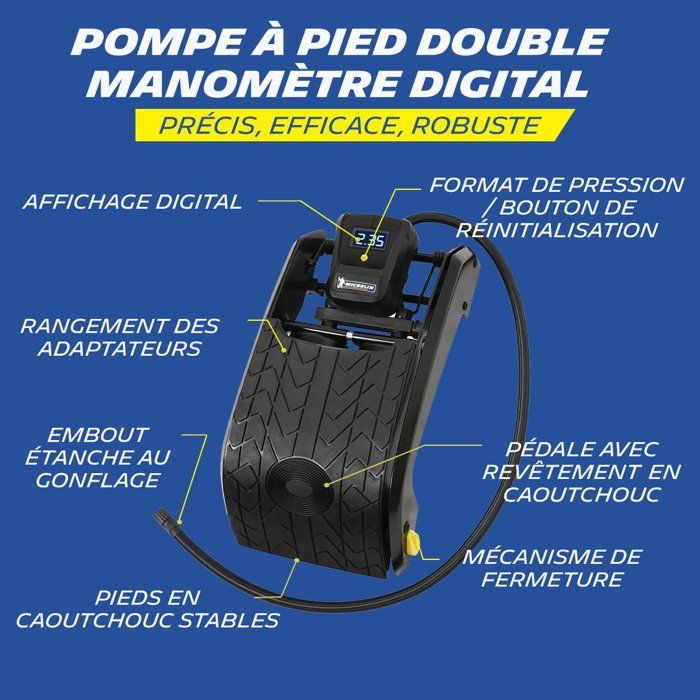 Pompe a Pied Double Piston manometre digital de 0.05 jusqu'a 7 bars- MICHELIN - Flexible nylon 60cm, embout laiton - psi, bar, kpa