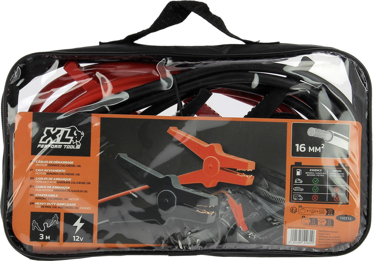 Lot de 2 câbles de démarrage - XLPT - 16 mm˛ - 3,00 m - Pinces isolées - Sacoche de rangement incluse