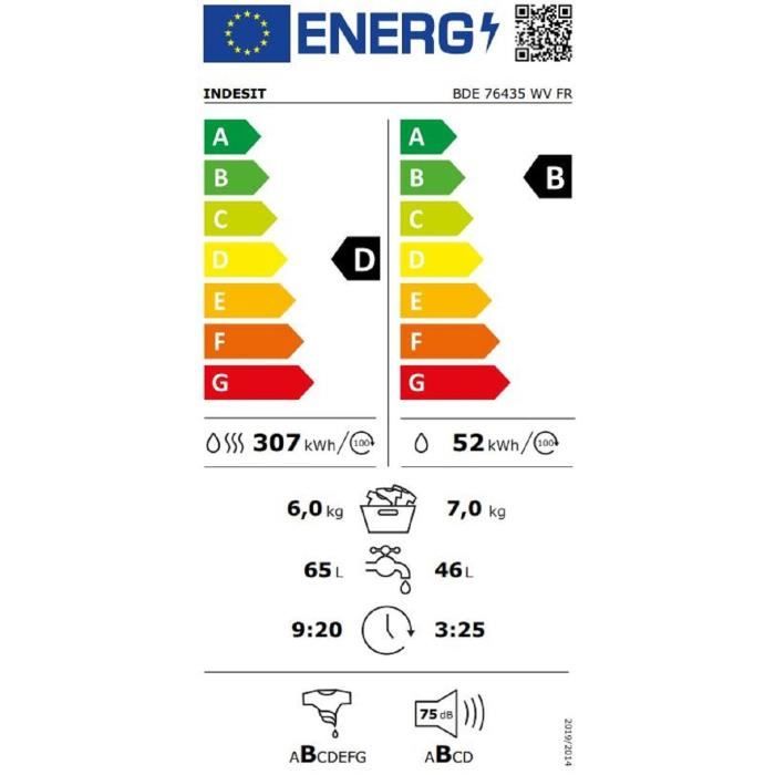 Lave-linge séchant INDESIT BDE76435WVFR - 7 / 6 kg - Induction - L60cm - 1400 trs/min - Blanc