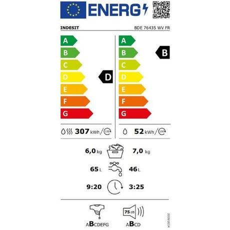 Lave-linge séchant INDESIT BDE76435WVFR - 7 / 6 kg - Induction - L60cm - 1400 trs/min - Blanc