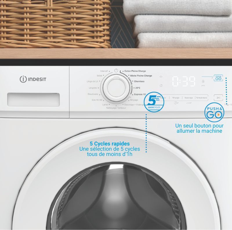 Lave-linge hublot INDESIT IMA762MYTIMEFR - 7 kg - Induction - 1200 trs/min - Push&Go - Classe A - Blanc