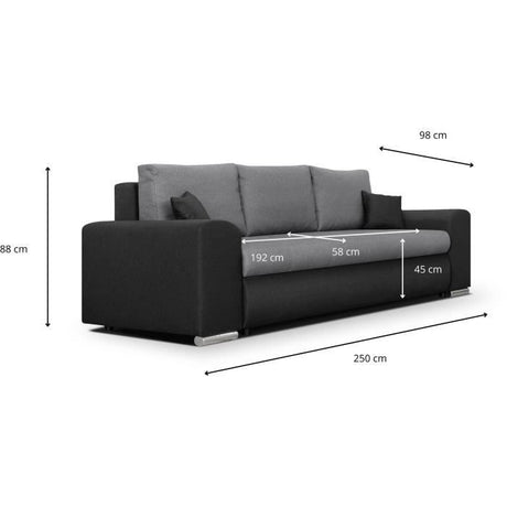 Canapé convertible avec coffre de rangement 3 places - INDIAN - Tissu bicolore gris / anthracite et pieds chrome - L250xH88xP98cm