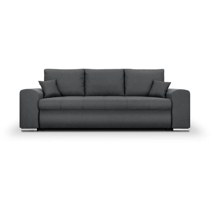 Canapé convertible avec coffre de rangement 3 places - INDIAN - Tissu gris foncé et pieds chrome - L250xH88xP98cm