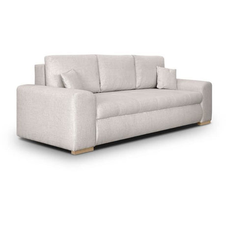 Canapé convertible avec coffre de rangement 3 places - INDIAN - Tissu beige et pieds bois - L250xH88xP98cm