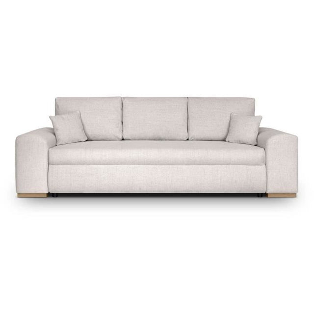 Canapé convertible avec coffre de rangement 3 places - INDIAN - Tissu beige et pieds bois - L250xH88xP98cm