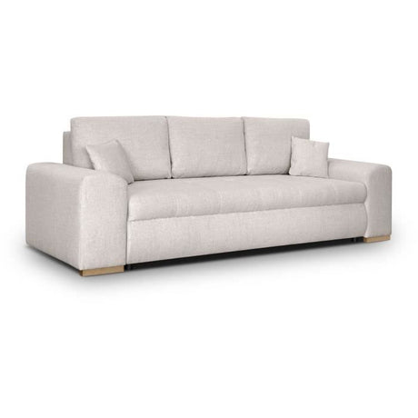 Canapé convertible avec coffre de rangement 3 places - INDIAN - Tissu beige et pieds bois - L250xH88xP98cm