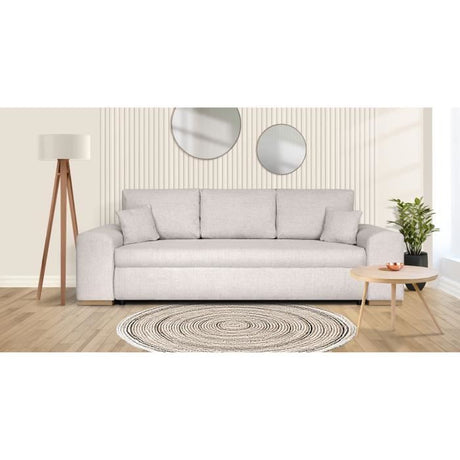 Canapé convertible avec coffre de rangement 3 places - INDIAN - Tissu beige et pieds bois - L250xH88xP98cm