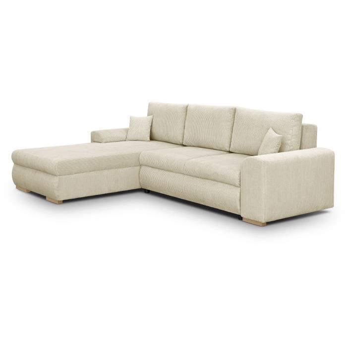 Canapé d'angle convertible - 5 places - INDIAN - Tissu velours côtelé Beige - Coffre de rangement - 289 x 94/188 x 88 cm