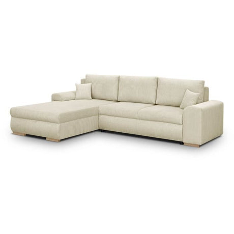 Canapé d'angle convertible - 5 places - INDIAN - Tissu velours côtelé Beige - Coffre de rangement - 289 x 94/188 x 88 cm