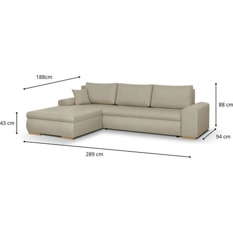 Canapé d'angle convertible réversible + coffre de rangement - Tissu Beige - L 289 x P 94/188 x H 88 cm - INDIAN