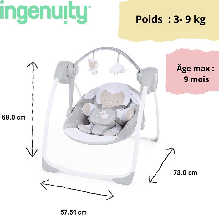 INGENUITY Transat pour bébé Balancelle électrique pliable - Petit Mouton - Arche et jouets amovible, cadeau bébé