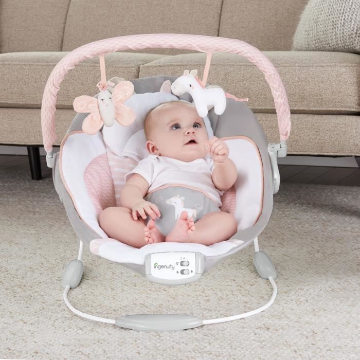 INGENUITY Transat pour bébé - Flora - Arche avec jouets d'éveil amovible, 8 Mélodies, Vibrations apaisantes, Cadeau Noel bébé