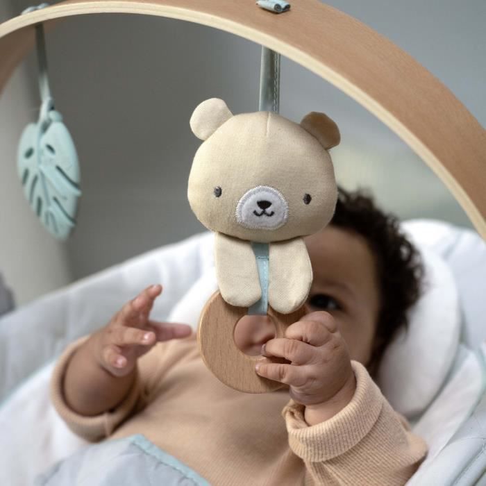 INGENUITY Transat bébé Nate l'Ourson avec arche d'éveil en bois,  Cadeau Noel bébé