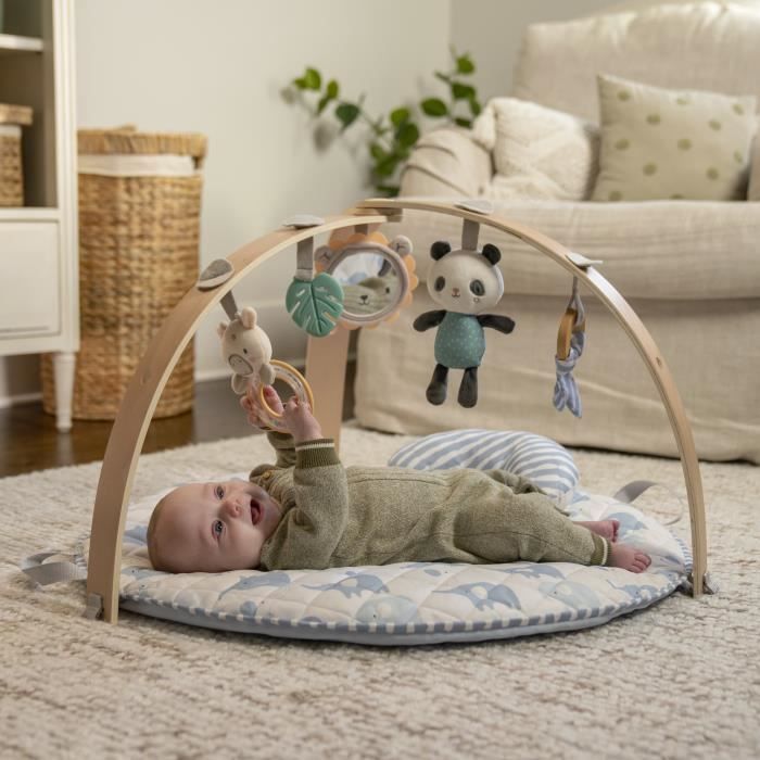 INGENUITY Tapis d'éveil bébé pliable Cosy Spot Elephant,coussin reversible, arche de jeux en bois, miroir et jouets sensoriels bébé