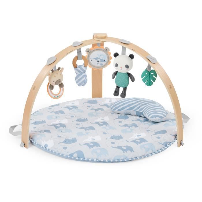 INGENUITY Tapis d'éveil bébé pliable Cosy Spot Elephant,coussin reversible, arche de jeux en bois, miroir et jouets sensoriels bébé