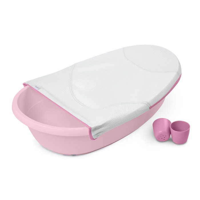 INGENUITY Baignoire bébé évolutive rose, extra-large, transat bébé hamac en tissu, support bébé assis, 2 jeux d'eau de 0 a 24 mois