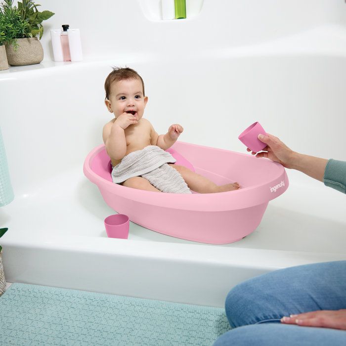 INGENUITY Baignoire bébé évolutive rose, extra-large, transat bébé hamac en tissu, support bébé assis, 2 jeux d'eau de 0 a 24 mois