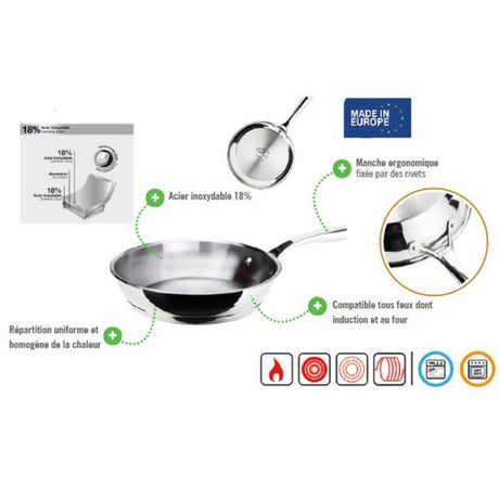 Poele - INOXIBAR - Ř 20 cm - Manche ergonomique - Tous feux dont induction - Inox