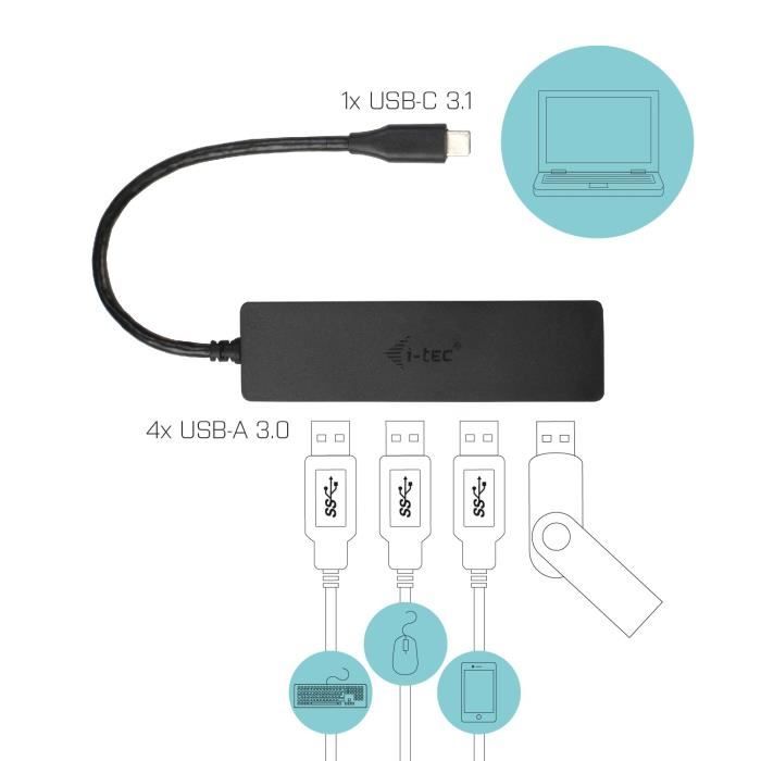 USB-C HUB I-TEC avec 4 Ports USB 3.0 avec C‚ble IntÈgrÈ 20cm