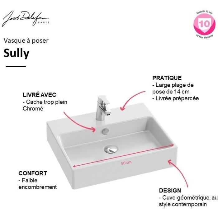 Vasque a poser rectangulaire- JACOB DELAFON - Sully - 50 x 40 cm - Céramique - Durable - Finition blanc brillant