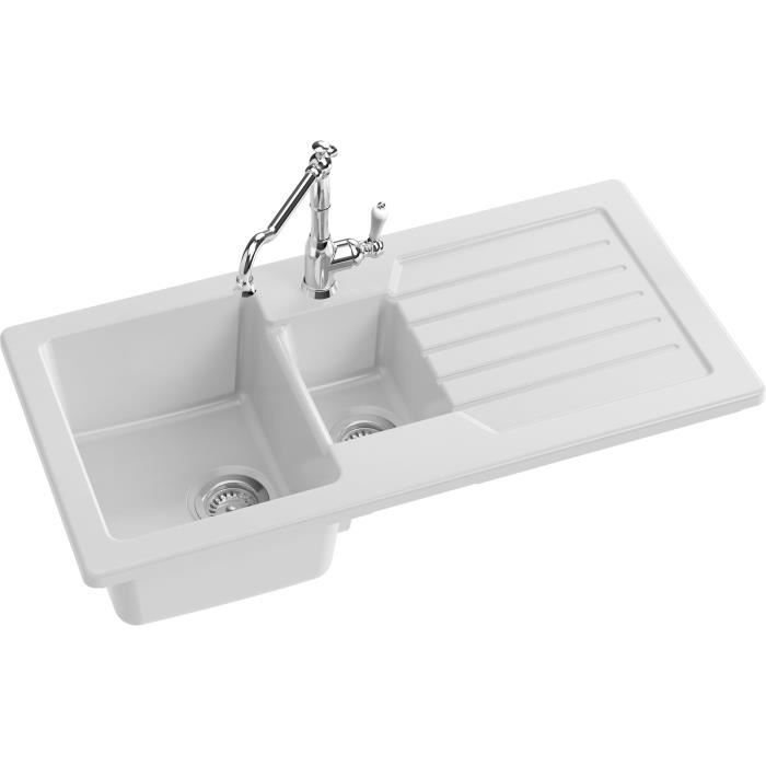 Evier a encastrer céramique blanc - JACOB DELAFON - 1,5 bac - 100cm - Réversible avec égouttoir